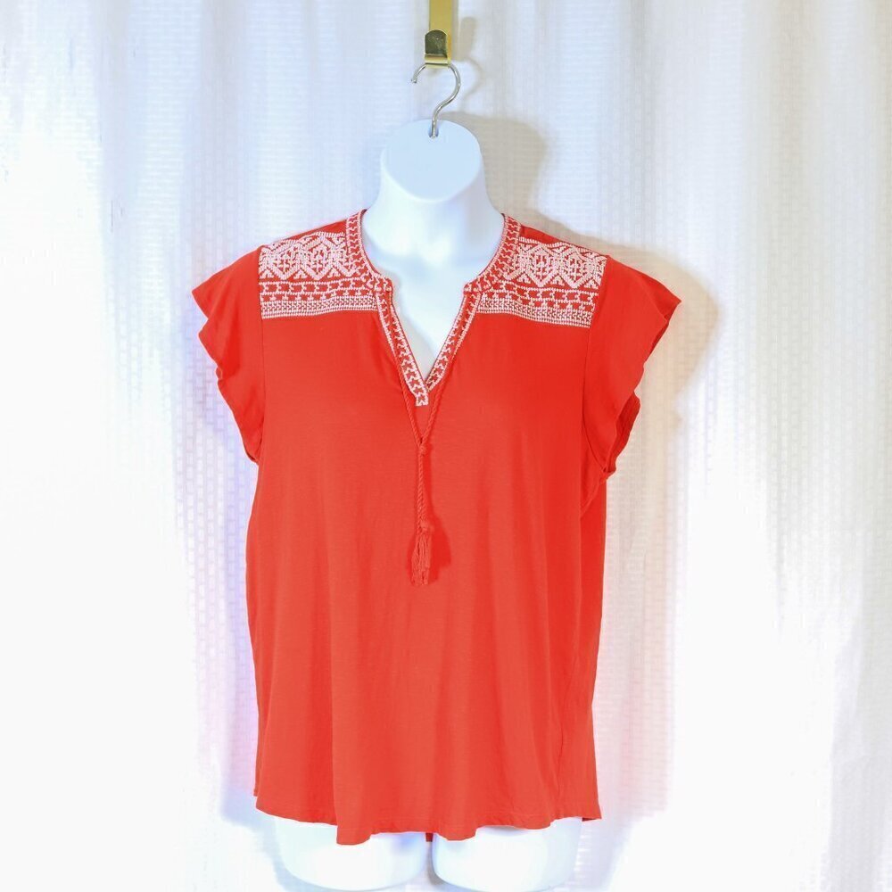 Liz Claiborne Size XL Red/white cross stitch vneck tassels/Cotton blouse flutter